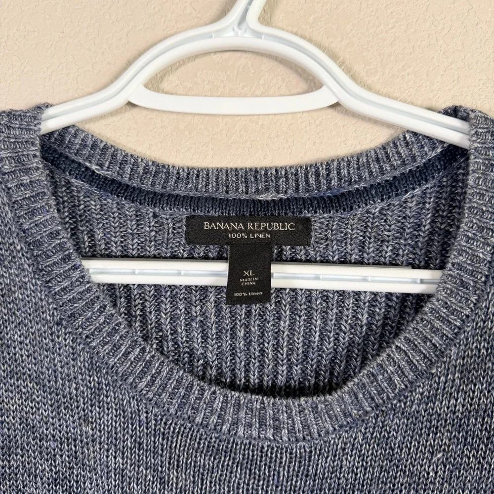 Banana Republic 100% Linen Sweater Crewneck Mens XL Blue Marled Ribbed Shoulder